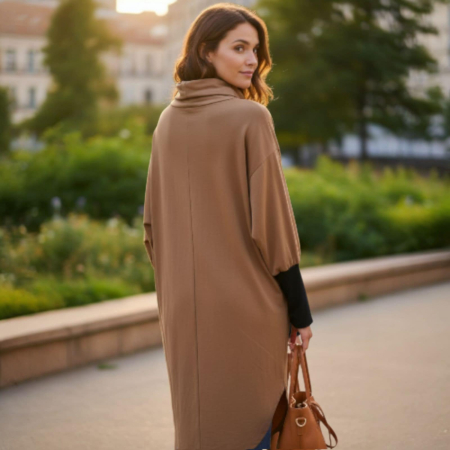 Rochie casual midi maro cu guler inalt si larg cu croi lejer [1]