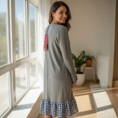 Rochie din bumbac casual gri si croi drept cu dantela in carouri [1]