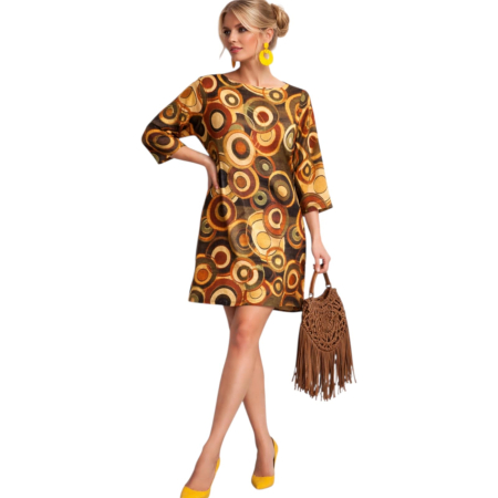 Rochii poliester & rochii satin - Rochie croi drept cu model cercuri si buzunare false pe partea din fata