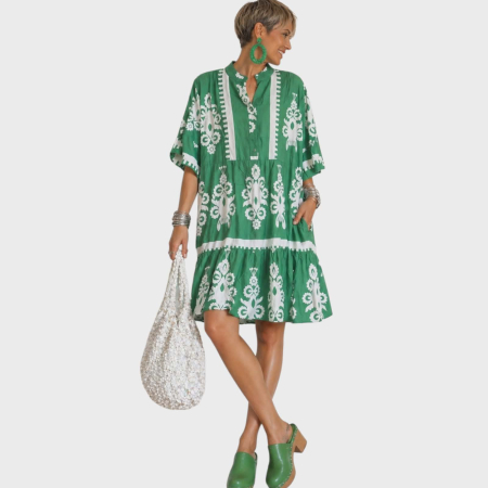 Imbracaminte - Rochie din bumbac pe fond verde cu imprimeu alb tip boho chic