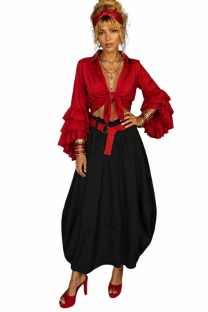 Fuste bumbac - Fusta lunga din bumbac neagra  cu elastic in talie si curea