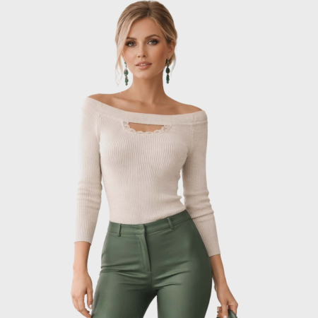 Bluze sezon rece & pulovere - Bluza dama tricot crem cu decolteu dantela si umeri lasati