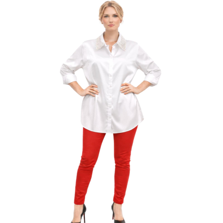 Imbracaminte - Camasa croi larg din satin cu insertii perle pe guler