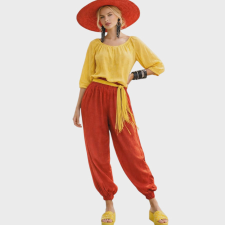 Pantaloni in - Pantaloni rosii din in tip salvari cu buzunare