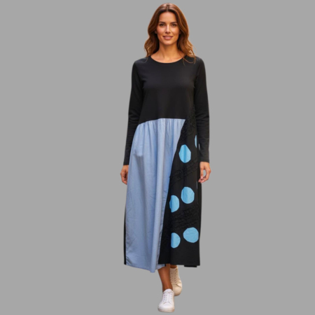 Rochie midi eleganta in doua culori  negru si albastru cu maneci lungi [1]