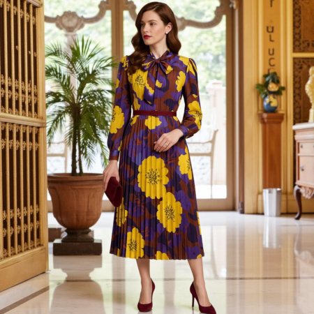 Rochii pentru  ocazii - Rochie din satin eleganta plisata cu imprimeu flori supradimensionate