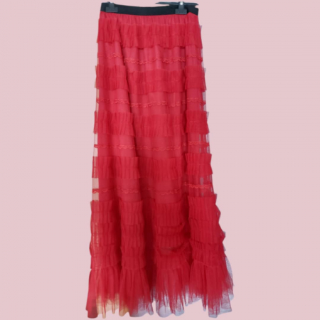 Fuste tulle - Fusta Rosie Lunga din Straturi cu Tulle