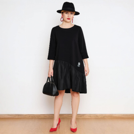 Rochii bumbac - Rochie Neagra din Bumbac cu Satin si Maneca Lunga-magazinchestii.ro