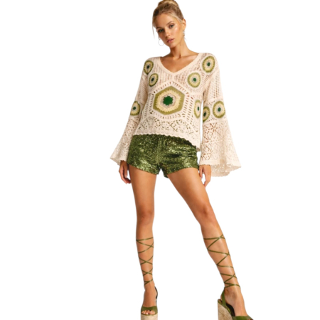Bluza crosetata boho chic cu cercuri verzi si maneci clopot [3]