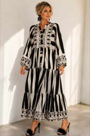 Rochii bumbac - Rochie lunga din bumbac cu imprimeu abstract in alb si negru