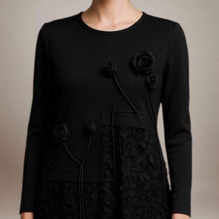 Rochie eleganta neagra din bumbac cu aplicatii  trandafirasi negri [2]