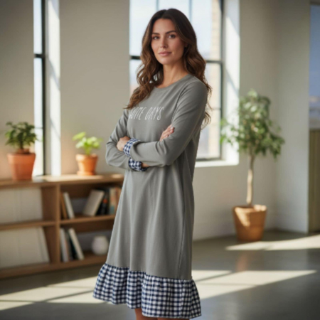 Rochii sezon rece - Rochie din bumbac casual gri si croi drept cu dantela in carouri