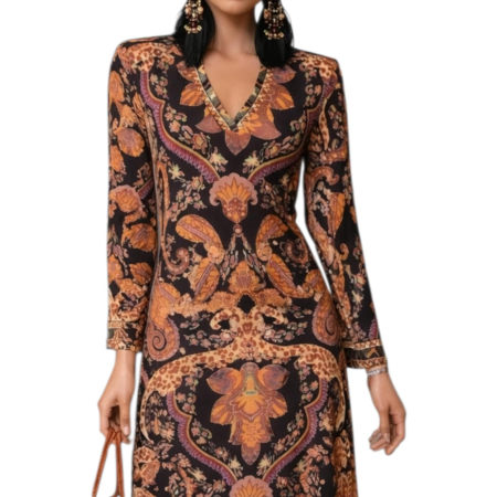 Rochie midi cu imprimeu baroc cu decolteu in V [2]