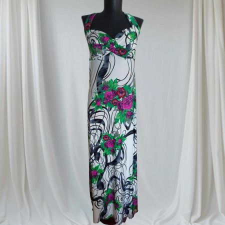 Promotii sezon cald - Rochie Lunga de Vara din Lycra cu Imprimeu Flori Mov si Bretele in X