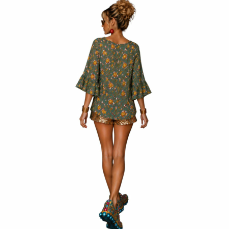 Bluza fond  verde cu imprimeu floral si volane la maneci [1]