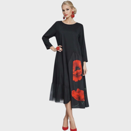 Imbracaminte - Rochie neagra din bumbac si tulle cu imprimeu maci