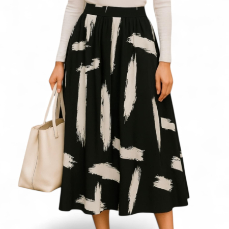 Fuste lycra & poliester - Fusta lunga neagra cu imprimeu abstract alb tip pensula