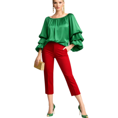 Bluze sezon rece & pulovere - Bluza verde din satin cu maneci lungi bufante in trei straturi