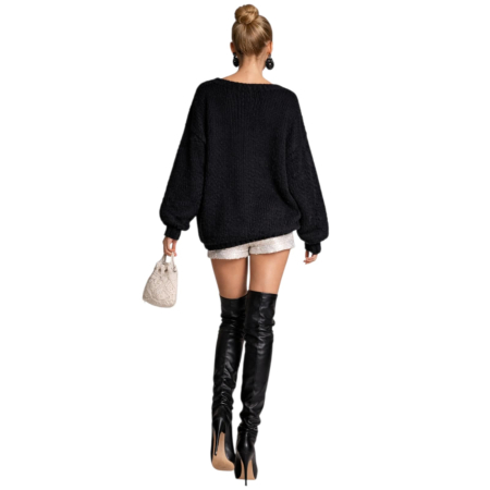 Pulover negru din tricot cu aplicatii albe decorative cu pietre si perle [2]