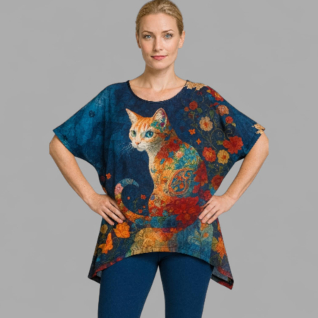 Imbracaminte desene pisici - Bluza asimetrica croi larg si imprimeu pisica portocalie