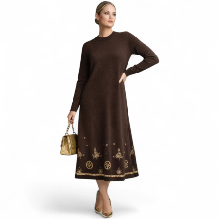 Rochii din tricot - Rochie maro tricotata cu broderie la poale din paiete aurii