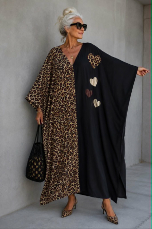 Rochii tip poncho/ kaftan - Kaftan din vascoza cu imprimeu animal print si buzunare
