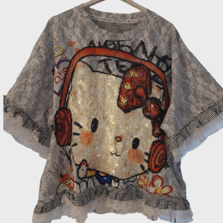 Bluza spectaculoasa din dantela gri si desen hello Kitty cu paiete si volane [1]
