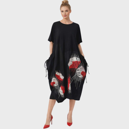Rochii bumbac - Rochie neagra din bumbac cu imprimeu artistic si buzunare laterale
