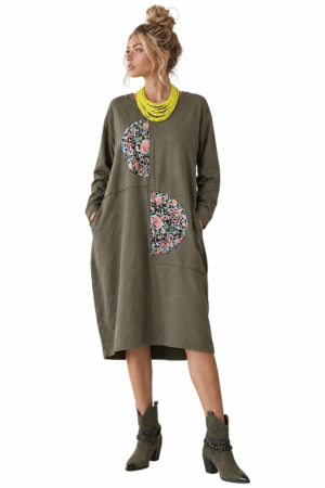 Rochii bumbac - Rochie asimetrica  din bumbac verde kaki  cu  model brodat
