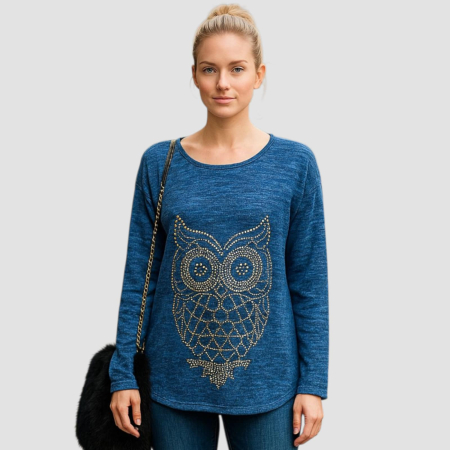 Bluze poliester - Bluza albastra cu bufnita din  tinte aurii si maneci lungi