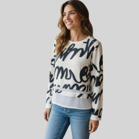 Promotii sezon rece - Bluza moderna pe fond alb cu imprimeu abstract negru