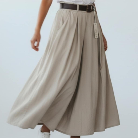 Pantaloni bumbac & vascoza - Fusta pantalon generoasa crem din reiat fin cu centura inclusa