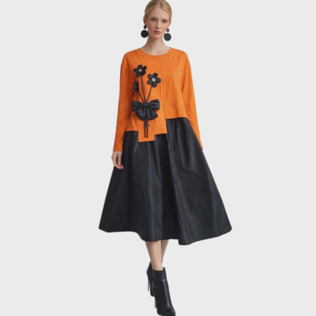 Imbracaminte - Rochie croi larg din bumbac si tafta cu insertii flori pe partea din fata