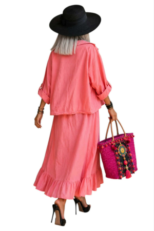 Compleu roz din bumbac  si model din macrame si paiete argintii [1]