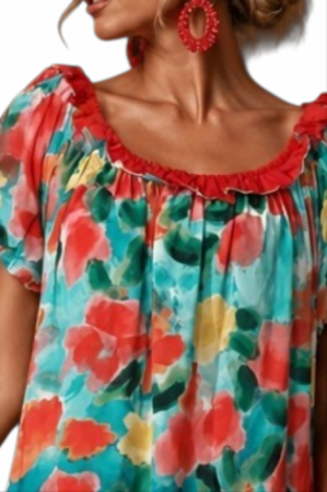 Rochie lunga imprimeu colorat elastic la decolteu si volan rosu [3]