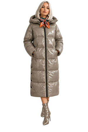 Geci /Veste - Geaca lunga grej  matlasata cu aspect lucios si buzunare