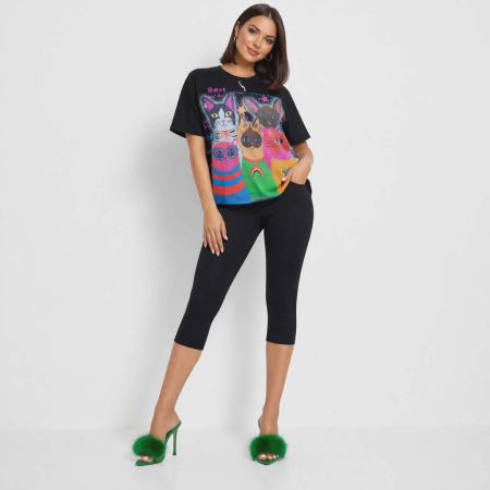 Bluze sezon cald - Bluza larga din bumbac cu imprimeu pisici si strasuri argintii