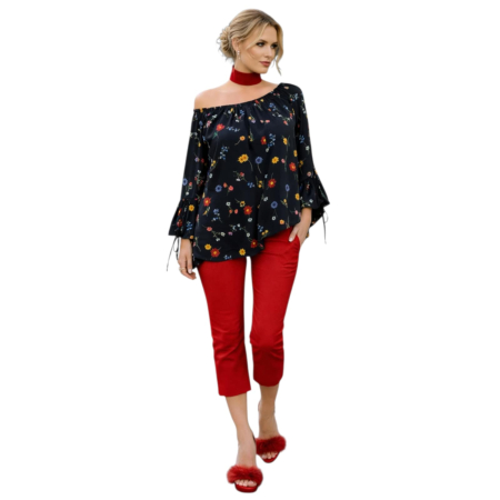 Bluza din voal neagra cu imprimeu floral si decolteu asimetric [1]