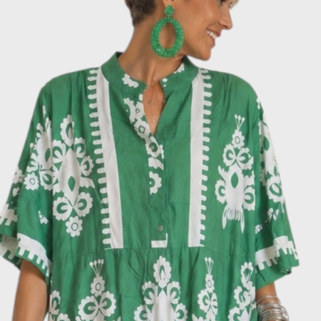 Rochie din bumbac pe fond verde cu imprimeu alb tip boho chic [2]