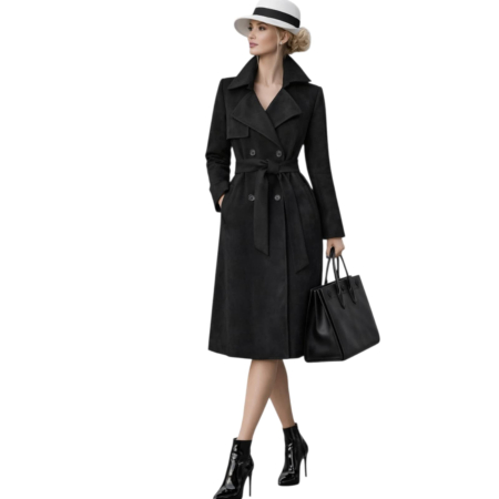 Imbracaminte - Pardesiu negru din material tip piele intoarsa cu buzunare si cordon