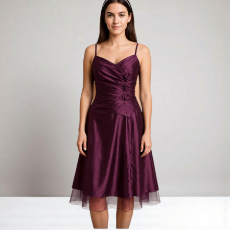 Rochii satin - Rochie din Satin si Voal cu Bretele si Trandafiri la Bust