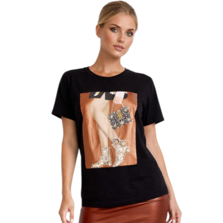 Tricouri - Tricou negru cu imprimeu fashion detaliu pietre si strasuri  cu accente metalice