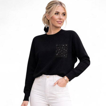Pulovere - Pulover  tricot negru cu  buzunar fals si  perle negre