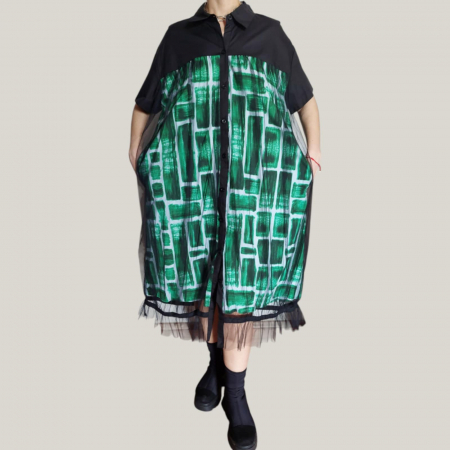 Rochie din Bumbac si Tulle Tip Camasa cu Buzunare Laterale Ascunse [1]