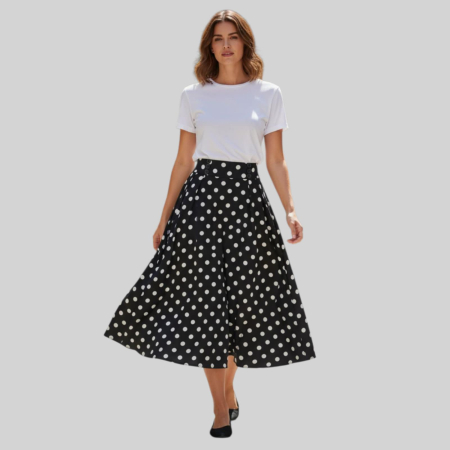 Fusta midi Eleganta cu Buline Albe pe Fundal Negru [1]