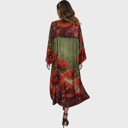 Rochie din satin croi larg cu imprimeu floral maci rosii pe fundal verde kaki [1]