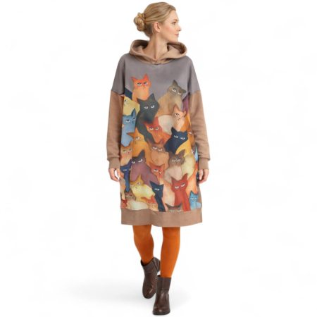 Rochie maro din bumbac  tip hanorac cu gluga si imprimeu pisici [1]