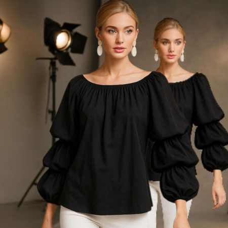 Bluze sezon cald - Bluze Neagra din Satin cu Maneci Volane Bufante si Decolteu Rotund