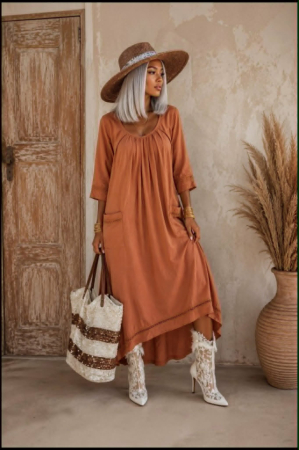 Rochii bumbac - Rochie din bumbac maronie cu model discret si buzunare