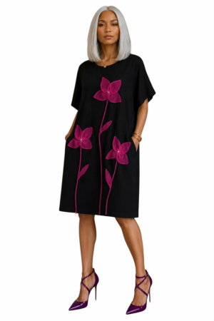 Rochii bumbac - Rochie din bumbac neagra cu aplicatii flori ciclam